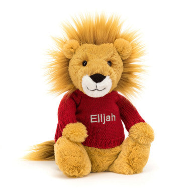 Lion timide avec pull rouge personnalisé