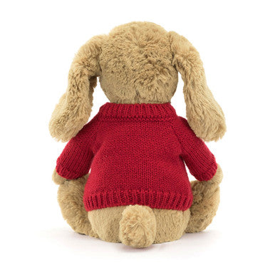 Chiot timide au caramel avec pull rouge personnalisé
