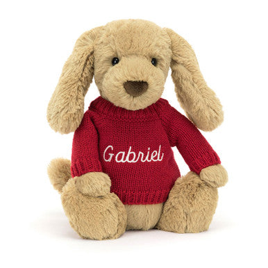Chiot timide au caramel avec pull rouge personnalisé