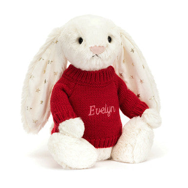 Lapin timide scintillant avec pull rouge personnalisé
