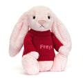Lapin rose timide avec pull rouge personnalisé