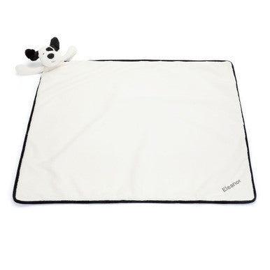 Doudou personnalisé pour chiot noir et crème timide